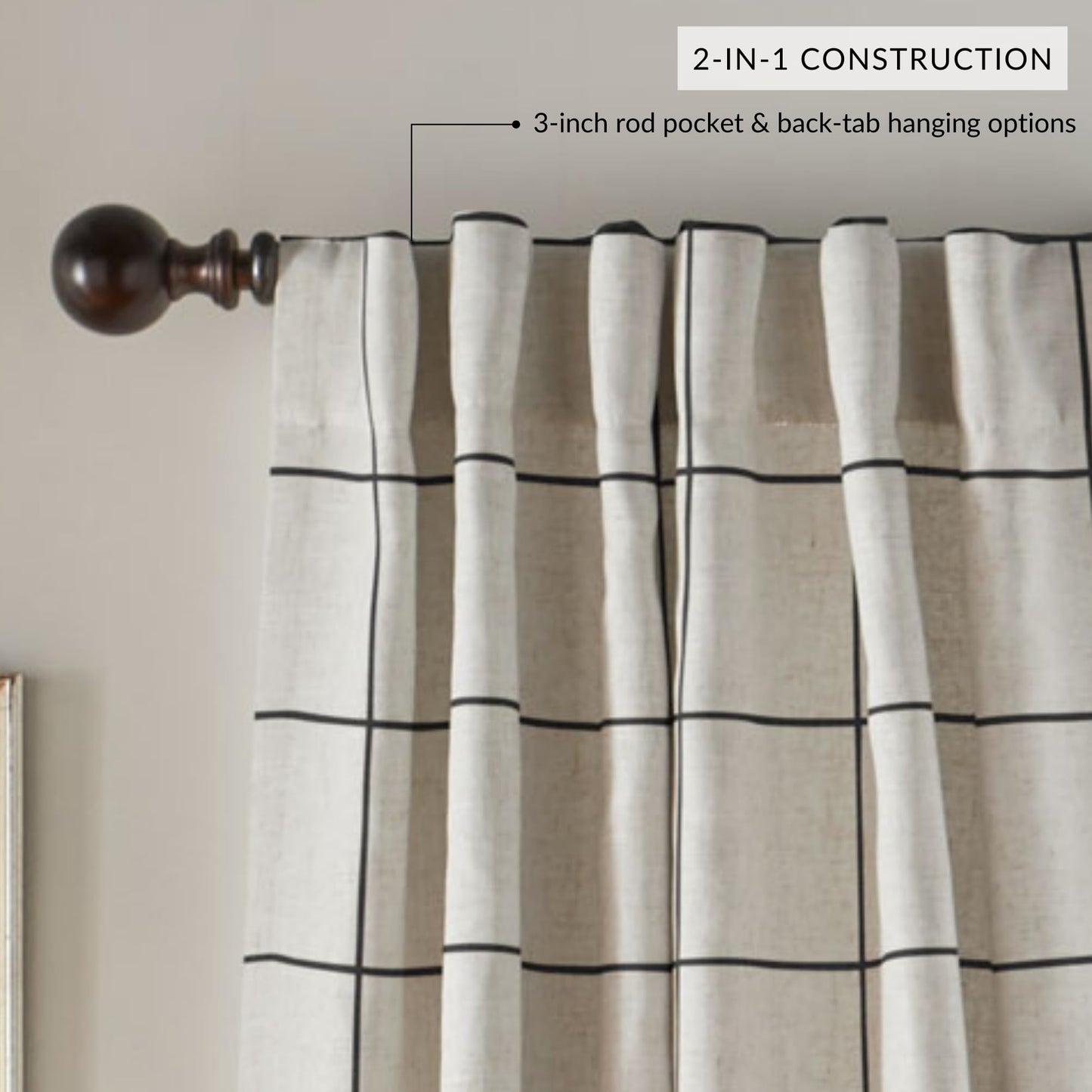 Elrene Home Fashions Brighton Windowpane Plaid Blackout Window Curtain, Living Room and Bedroom Drape with Rod Pocket Tabs, 52" x 84", Black, 1 Panel