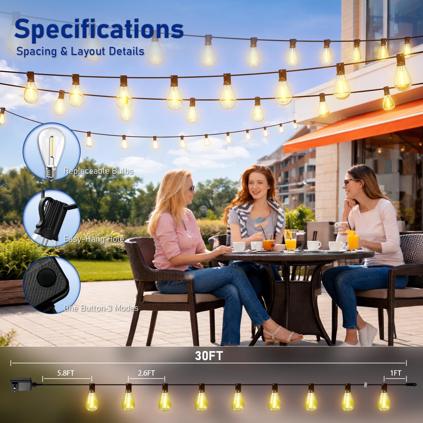 Sikitul 30FT LED Outdoor String Lights with Remote, One Continuous Strand Patio Lights with 10+1 Shatterproof S11 Bulbs, Dimmable 2200K Warm White, Timer & 3 Modes, Low Voltage for Backyard Garden