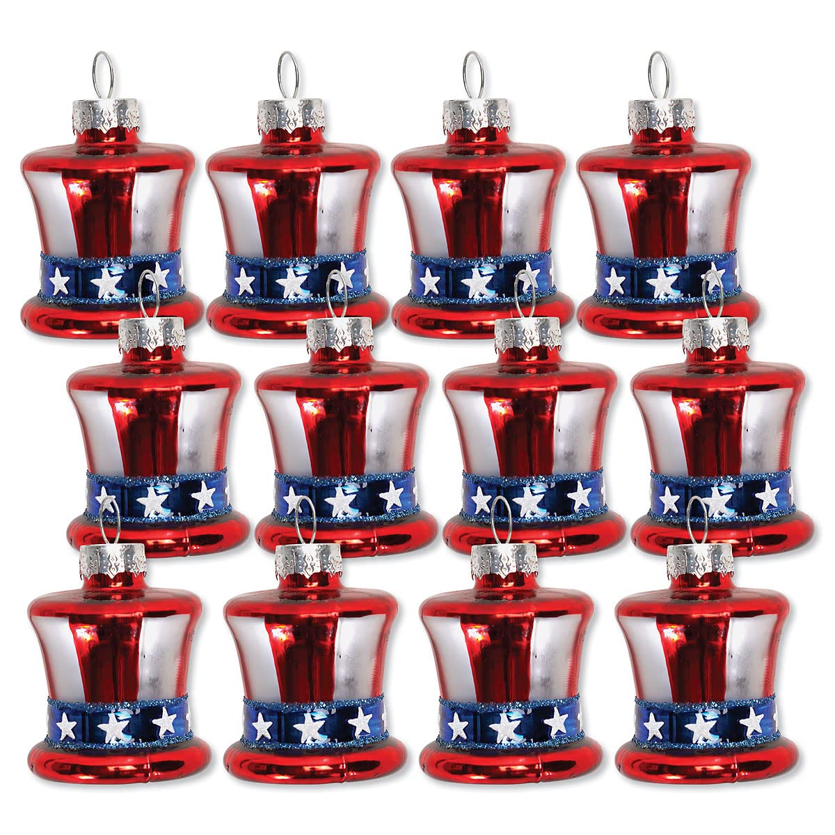 Lillian Vernon Uncle Sam Blown Glass Patriotic Ornaments - Handcrafted Hanging Tree Decorations, Uncle Sam American Hat Party Decor, 1.25 in, American, 12-Piece Set