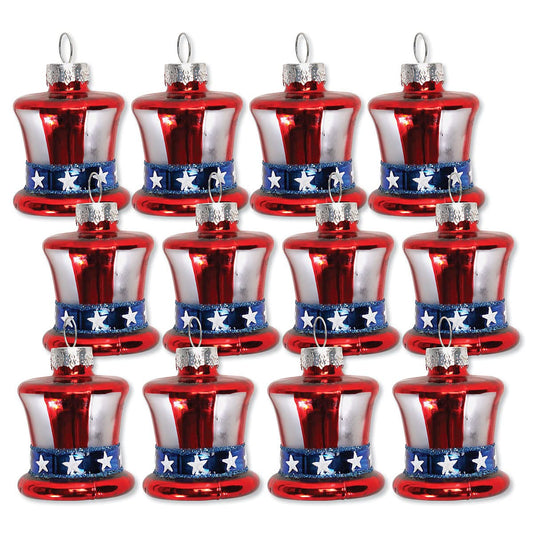 Lillian Vernon Uncle Sam Blown Glass Patriotic Ornaments - Handcrafted Hanging Tree Decorations, Uncle Sam American Hat Party Decor, 1.25 in, American, 12-Piece Set