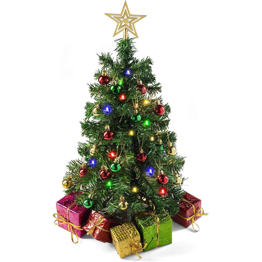 PREXTEX 23-Inch DIY Mini Christmas Tree with Lights - Small Christmas Decorations Table Top Xmas Tree with Multicolor LED String Lights, Star Topper, Hanging Ornaments and Gift Boxes for Holiday Decor