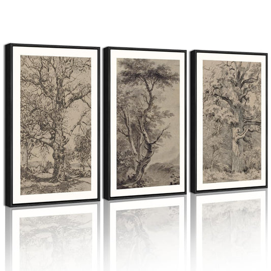 KUVIOKE Vintage Tree Framed Wall Art Retro Forest Paintings Antique Nature Wilderness Sketch Modern Living Room Bedroom Decor 11x14in (Black Framed)