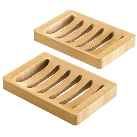 AmazerBath Soap Holder Soap Dish, Bamboo Soap Dish, 2 Pack Wood Bar Soap Holder for Shower, Trays Self Draining, Soap Saver for Shower, Bathroom, Kitchen(Natural Color)