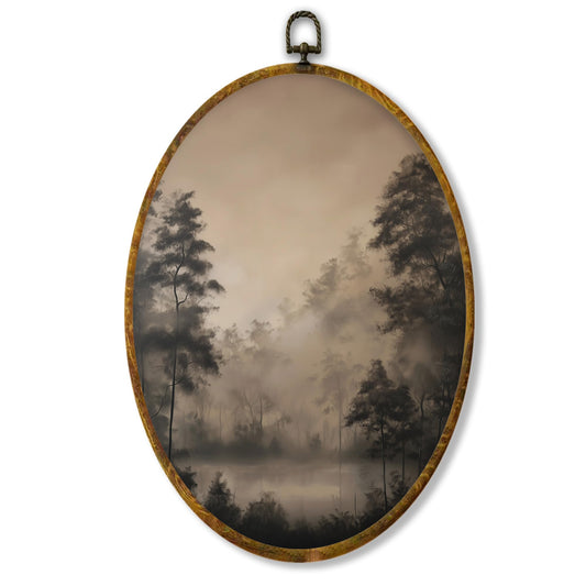 Hiuwevt Vintage Rustic Landscape Oval Wall Art Decor, Moody Farmhouse Framed Canvas Prints, Antique Neutral Landscape Oval Wall Hanging Decor for Bedroom Living Room Decorations, 8.6x11.4 Inches