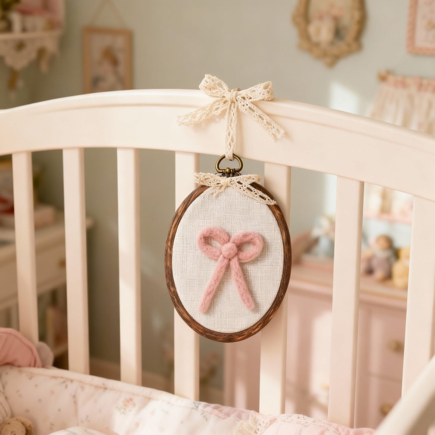 Soulchen Felted Pink Bow Nursery Wall Decor 5 x 6 Inch Cute Coquette Bow Pink Christmas Decor Wall Art Decorative Artwork for Nursery Bathroom Living Room Baby Room Bedroom Farmhouse Decoration