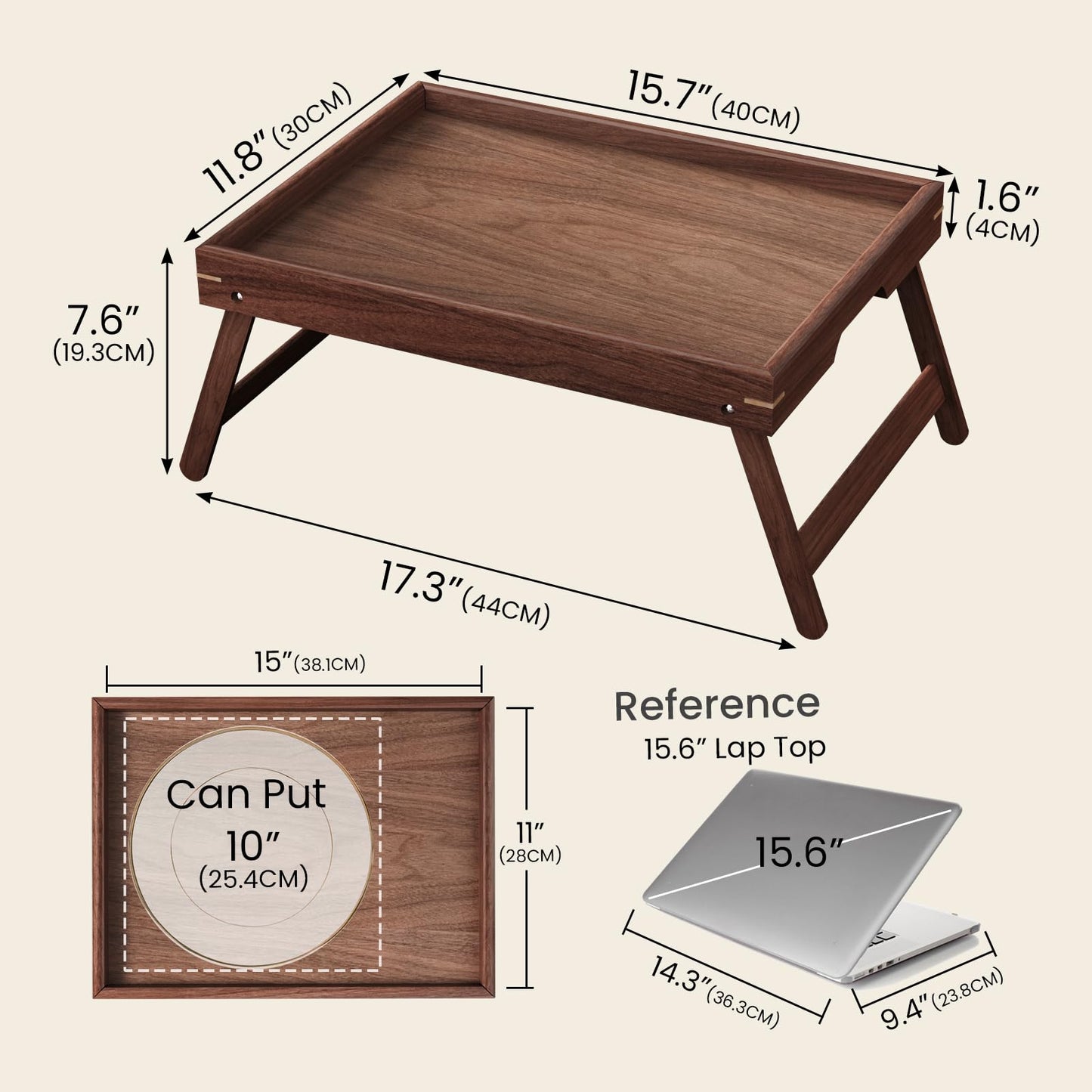 Fibogollo Walnut Wood Bed Tray Table with Folding Legs,Breakfast Trays,Serving Tray for Food and Snack,Laptop Trays for Working