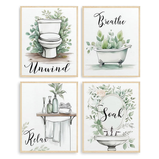 Dazzlewall 4pcs Relax Unwind Breath Soak Wall Decor, Minimalist Sage Green Leaves Bathroom Bathtub Washbasin Toilet Wall Art Poster, 8x10 in Unframed