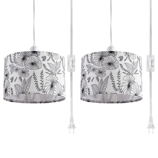 IHENGYANLT 2 Pack Plug in Pendant Light, Hanging Light with 15Ft Clear Cord, On/Off Switch, Flower Fabric Lamp Shade, Hanging Light Fixture for Bedroom, Kitchen, Living Room, Dining Table