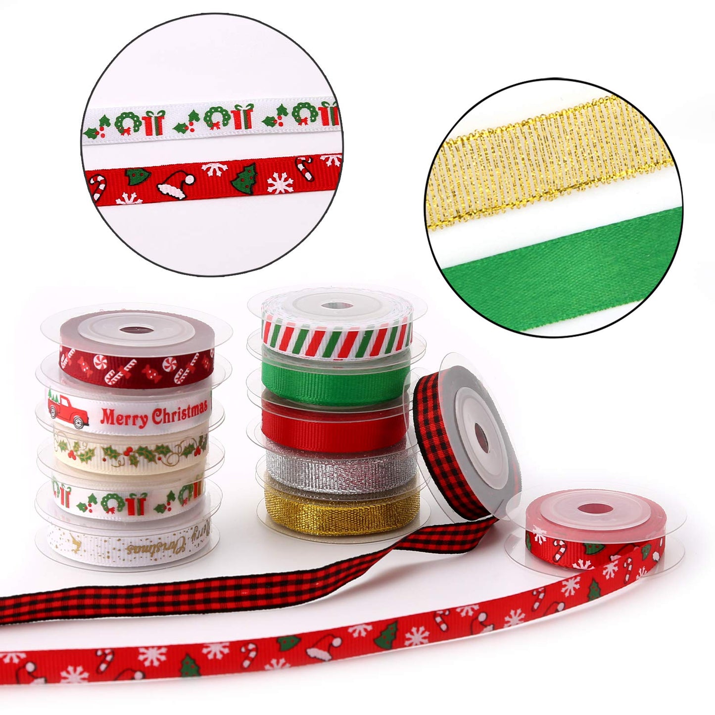 Luter 12Pcs Christmas Ribbon, Grosgrain Satin Ribbons for Crafts Decorations, Xmas Ribbon Set for Christmas Box Wrapping, Sewing, Hair Bows, Wedding, DIY Crafts (60 Yards 3/8 Inch)