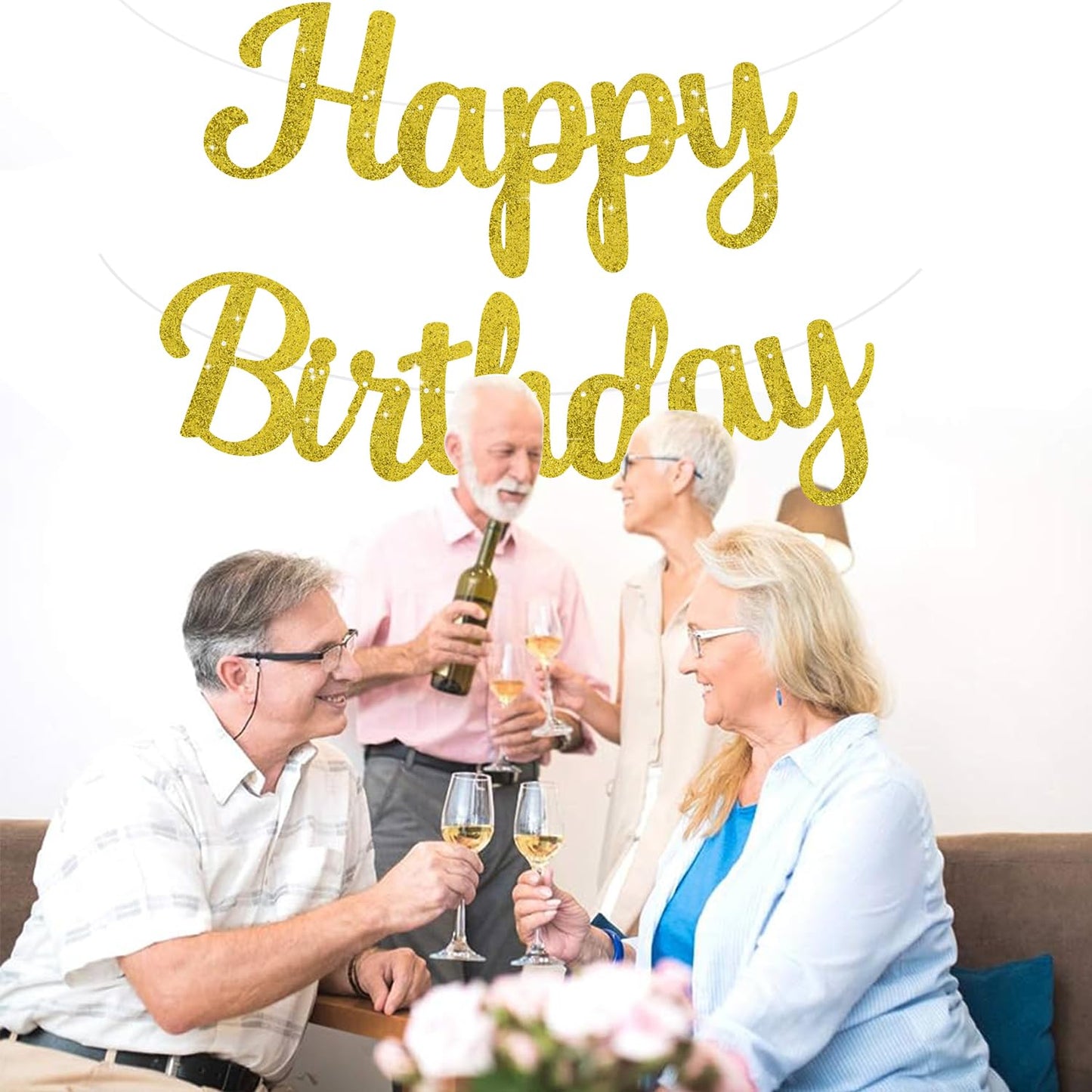 BEISHIDA Happy Birthday Banner - NO DIY,Gold 10Feet Pre-Strung-Glitter Birthday Sign Garland Backdrop Decorations for Women men Party