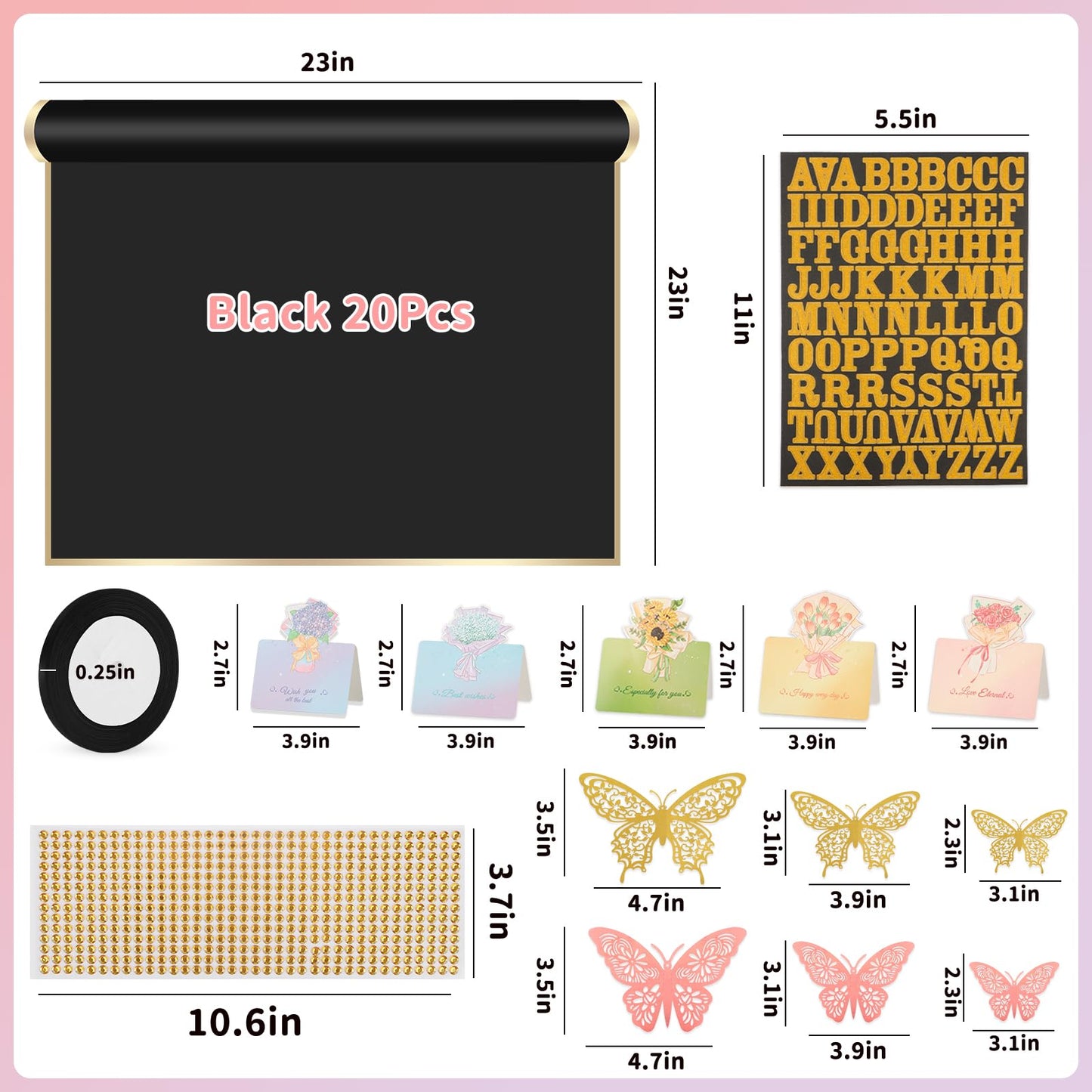 BESUPERT 52Pcs Flower Bouquet Wrapping Paper Kit, 20 Sheets Black Waterproof Floral Wrapping Paper, 1 Letter 1 Rhinestone Sticker, 12 Gold 12 Pink Butterflies, 5 Cards, 1 Black Ribbon (Gold Edge)