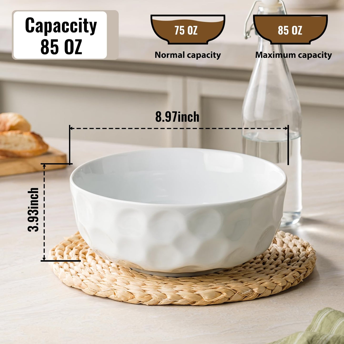 Familywood 80 Oz Large Serving Bowls, Set of 2, Pure White Ceramic Serving Dishes, Large Salad Bowl, 9" Fruit Bowl for Entertanining, Kitchen Counter, Party, Porcelain