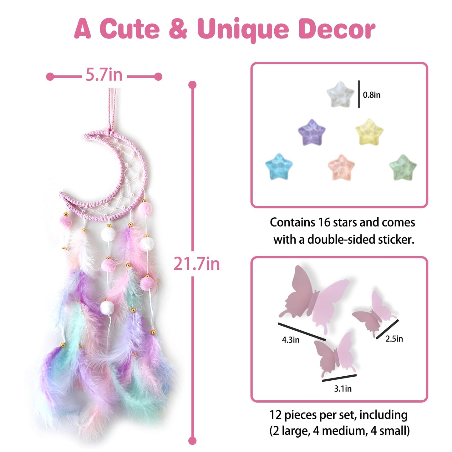 Fun-Plus Pink Dream Catcher Wall Hanging Set - 10 Butterflies & 16 Stars, Boho Room Decor for Girls, Easy Peel & Stick Wall Art for Bedroom, Nursery, Teen Room for Daughter, Birthday, Christmas