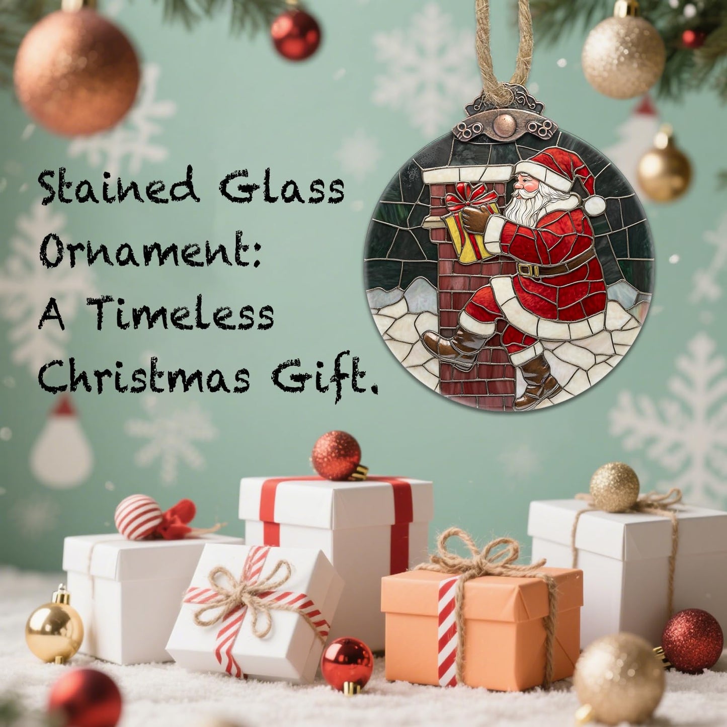 AMDERVEN Stained Glass Christmas Decorations, Santa Claus Delivering Gifts Suncatcher for Window Christmas Tree Hanging Ornaments Sun Catcher Xmas Decor Gifts for Women Men Mom Nana Friend