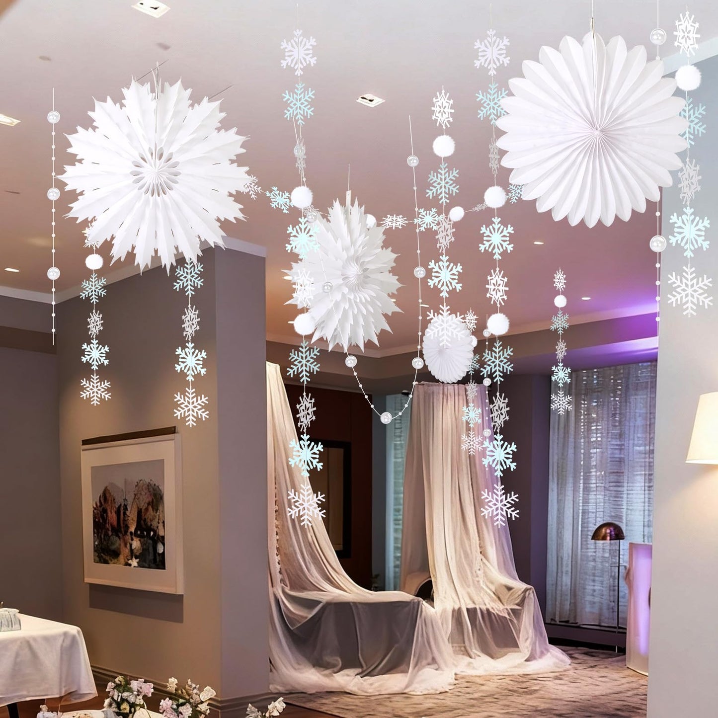 Suncalla 18 Pcs Winter Wonderland Snowflake Decorations Hanging Snowy Scene Landscape Party Ornament with Snow Garland Pearl String 15'' Snowflake Paper Fan for Winter Party Photo Props
