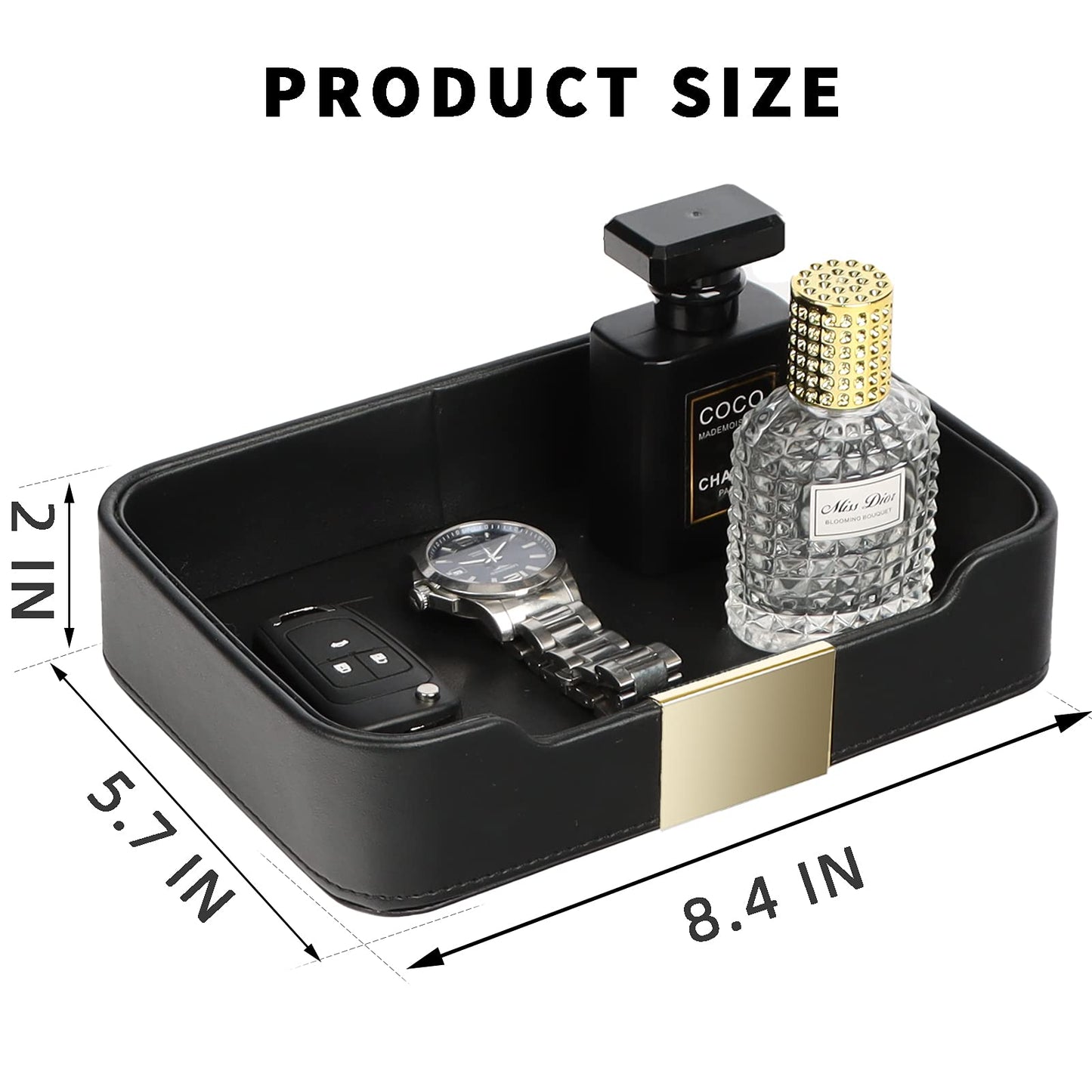 SANZIE Luxury Leather Tray Desktop Storage Catchall Organizer Decorative Tray for Entryway Table to Hold Jewelry Watch Keys Phone Wallet (Metal Glided, Black)