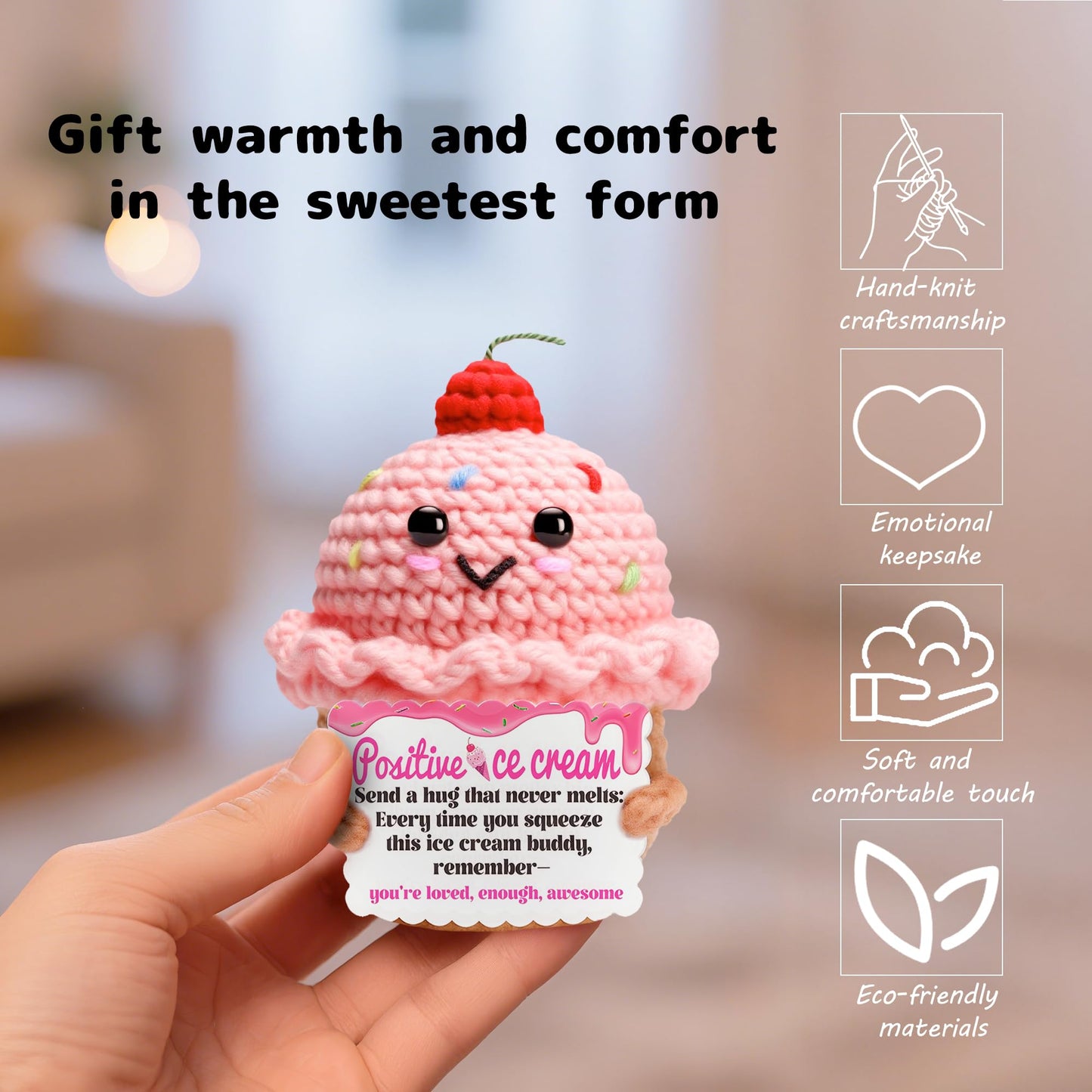 MLZTINGR Happy Birthday Gift for Women – Handmade Crochet Ice Cream Plush, Cute Knitted Present for Mom, Daughter & Girlfriend – Positive Decorative Gift for Christmas or Home Décor
