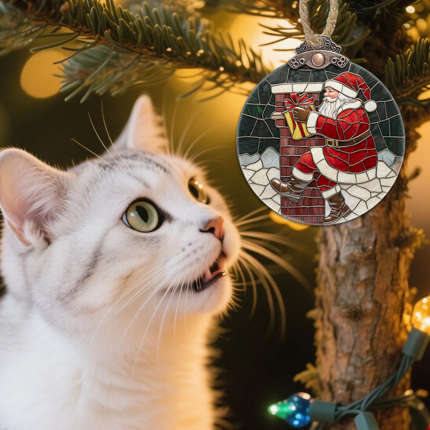 AMDERVEN Stained Glass Christmas Decorations, Santa Claus Delivering Gifts Suncatcher for Window Christmas Tree Hanging Ornaments Sun Catcher Xmas Decor Gifts for Women Men Mom Nana Friend