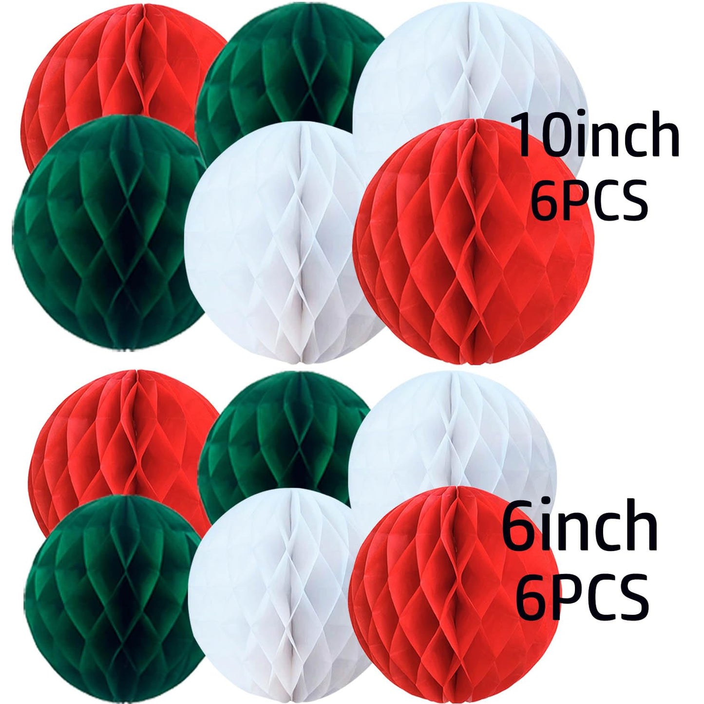 brzikwt 12 Pcs Red White and Green Paper Honeycomb Flower Balls for Christmas Party Ceiling Wall Hanging Tissue Pom Poms Decor (6 inch & 10 inch)