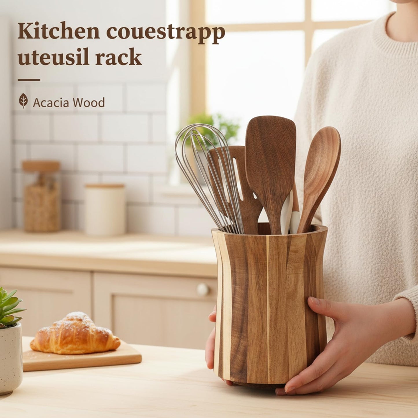 KongTiva 2 Pcs Wooden Utensil Holder for Kitchen Counter, 360° Rotating Kitchen Utensil Holder 7.3" & 6" Large Cooking Utensil Crocks for Countertop Spatula Storage Farmhouse Kitchen Decor