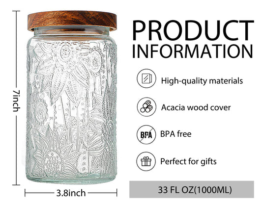 LODIKE 35oz/1000ml Glass Storage Jars with Nature Wood Lids, Airtight Food Storage Containers for Kitchen Organization, Large Capacity for Cookie, Pasta, Sugar, Flour, Cereal - Set of 2 （sunflower）