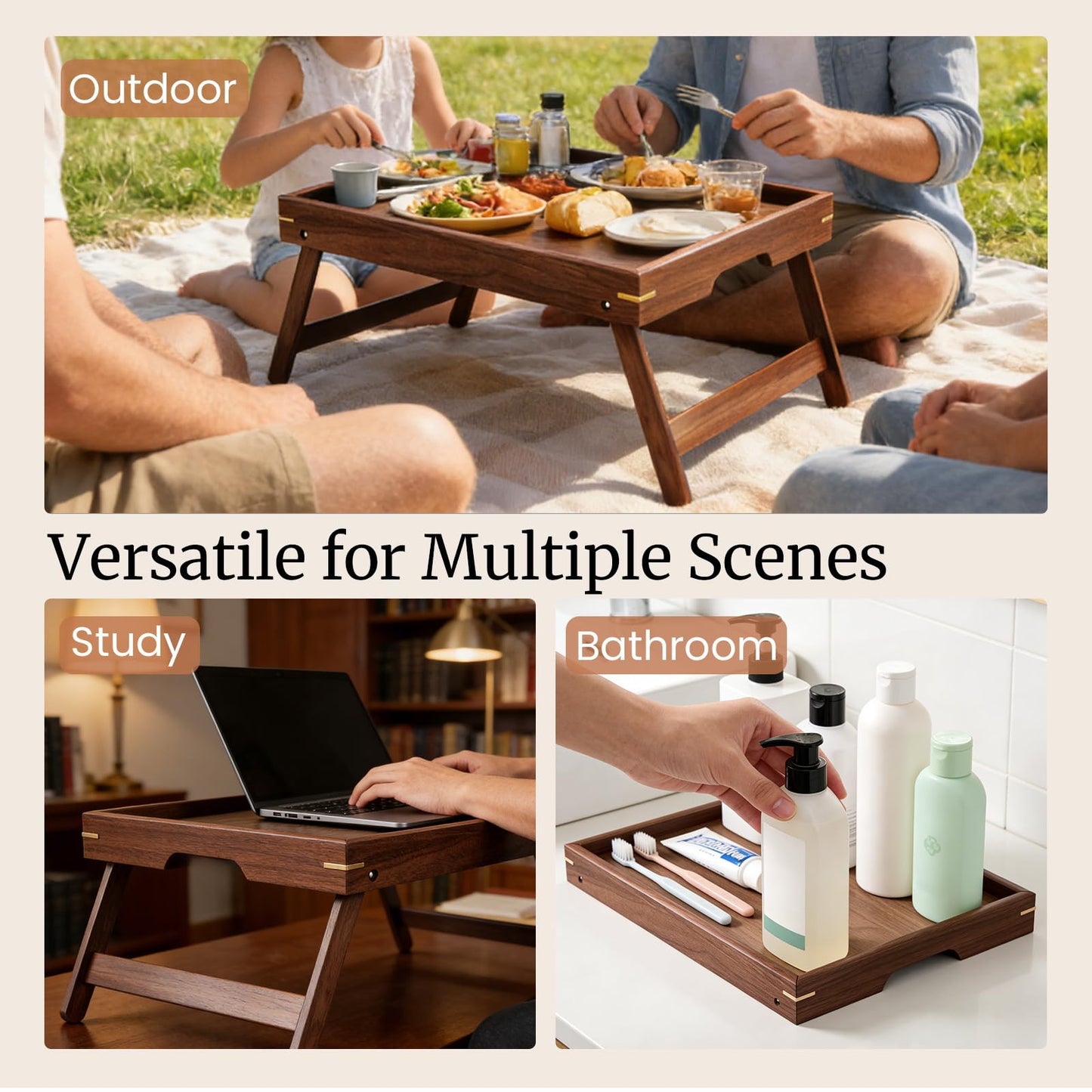 Fibogollo Walnut Wood Bed Tray Table with Folding Legs,Breakfast Trays,Serving Tray for Food and Snack,Laptop Trays for Working