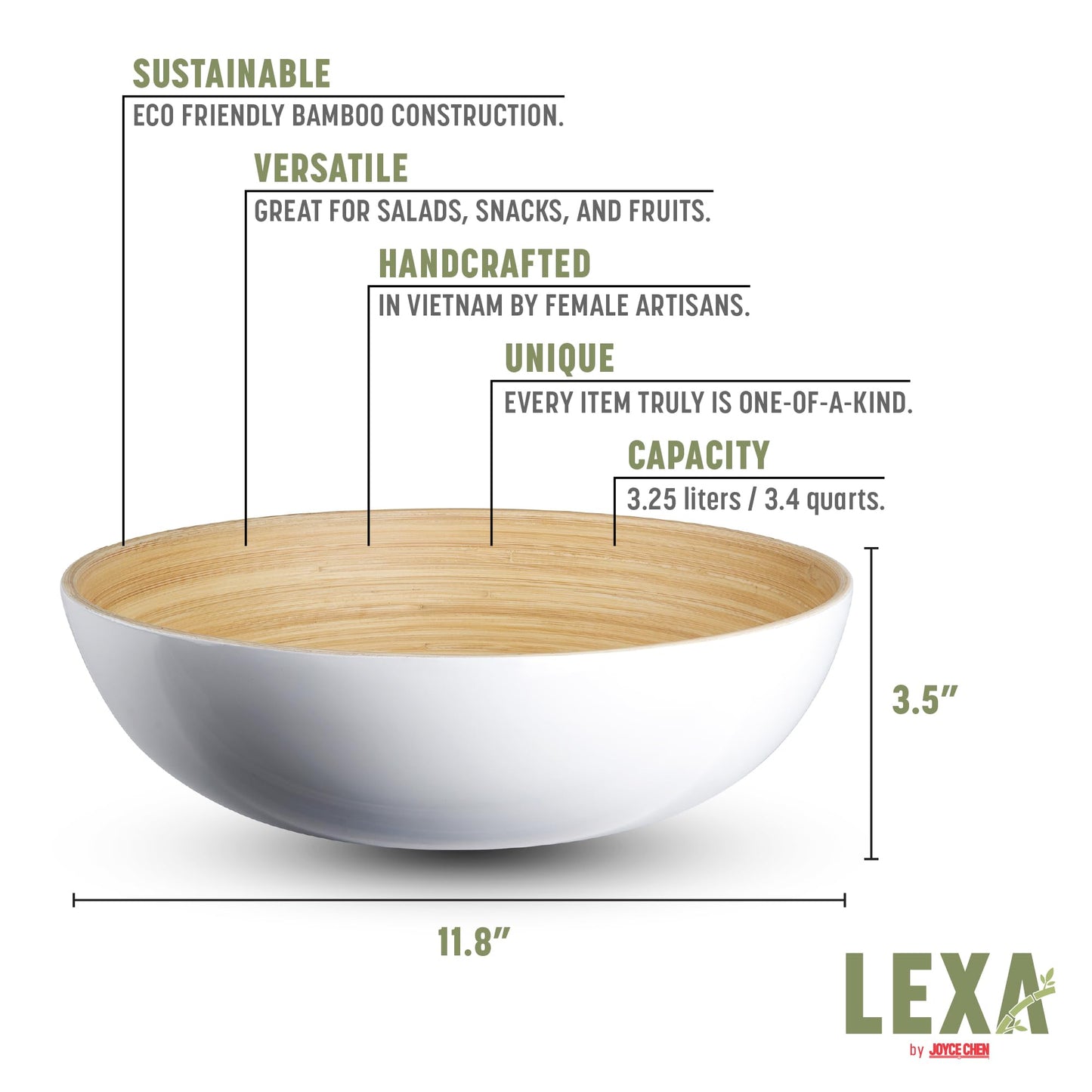 LEXA 12" Handmade Bamboo Salad Bowl – 130 oz Large Wooden Fruit Bowl for Kitchen Counter, White