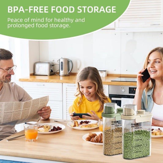 KTBLVFN Airtight Rice Storage Container,with Pour Spout & Measuring Cup, BPA-Free - Transparent Dry Food Canister for Cereal, Flour, Pet Food, Oatmeal, Pantry Storage (Light Grass Green, 1600ml)