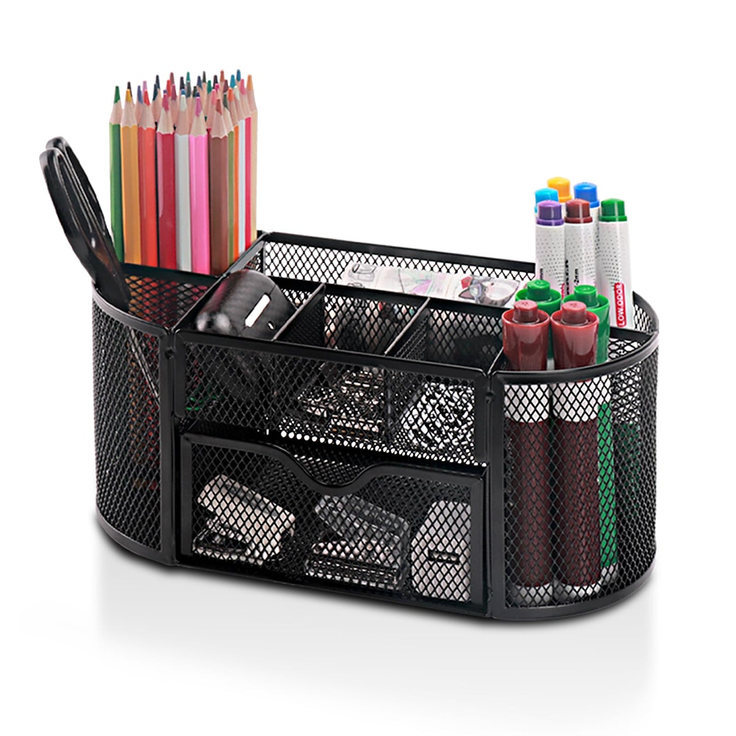 Comix Mesh Pen Pencil Holder Desk Organizer, 8 Compartment and 1 Drawer Wire Desktop Pen Pencil Cup Caddy Office Supplies Accessories for Home Office School, Black
