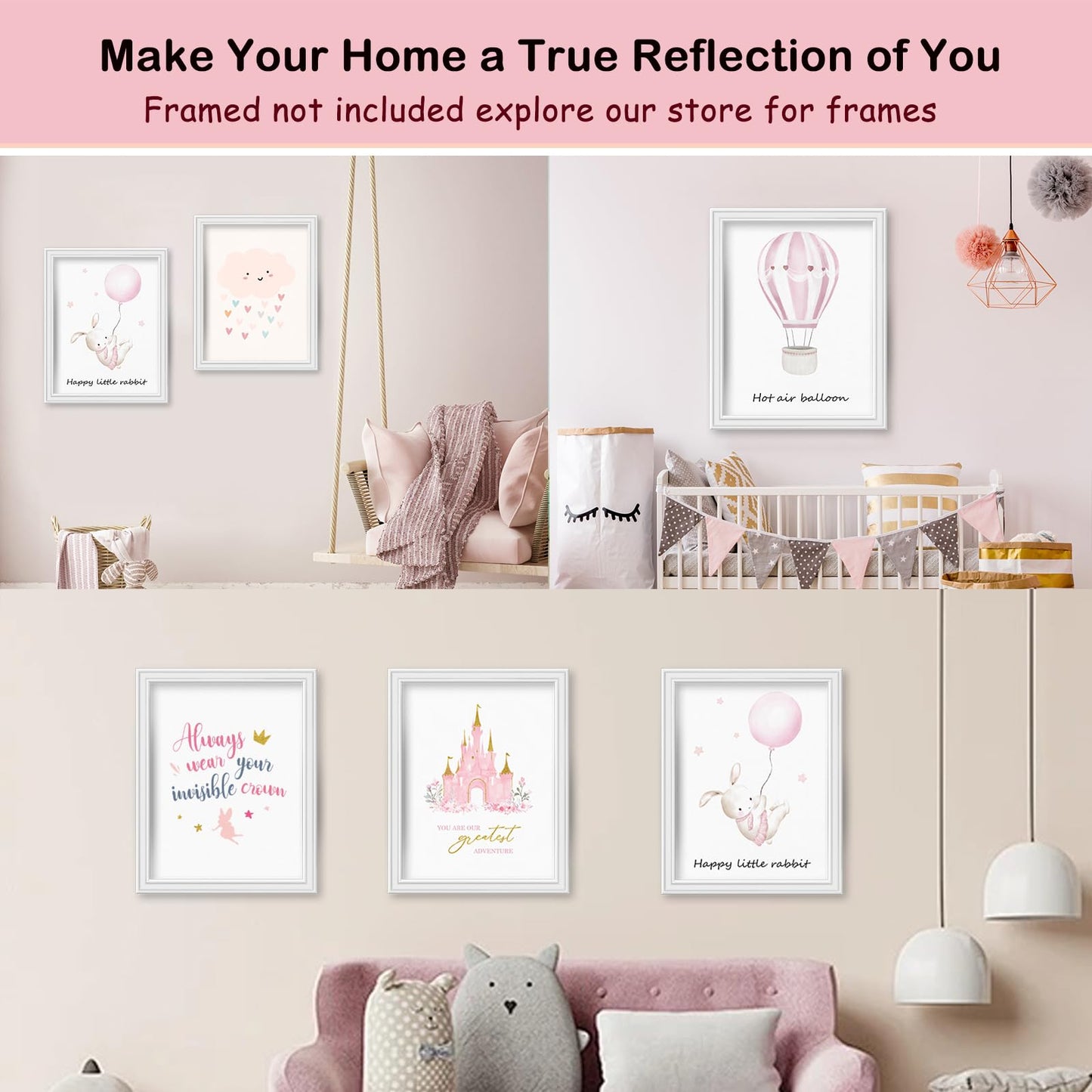 JJY 9 Pcs Cartoon Castle Wall Art Decor for Girls Room -Inspirational Rainbow Wall Art Prints -Whimsical Rabbit & Hot Air Balloon Wall Decor Posters Aesthetic for Kids Room Lovely Gift (Unframed)