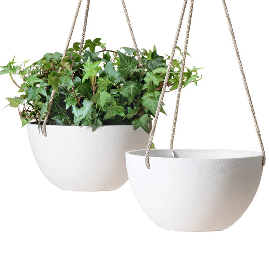 LA JOLIE MUSE White Hanging Planter Basket - 8 Inch Indoor Outdoor Flower Pots, Plant Containers W/Drainage Hole, Plant Pot for Hanging Plants, Pack 2