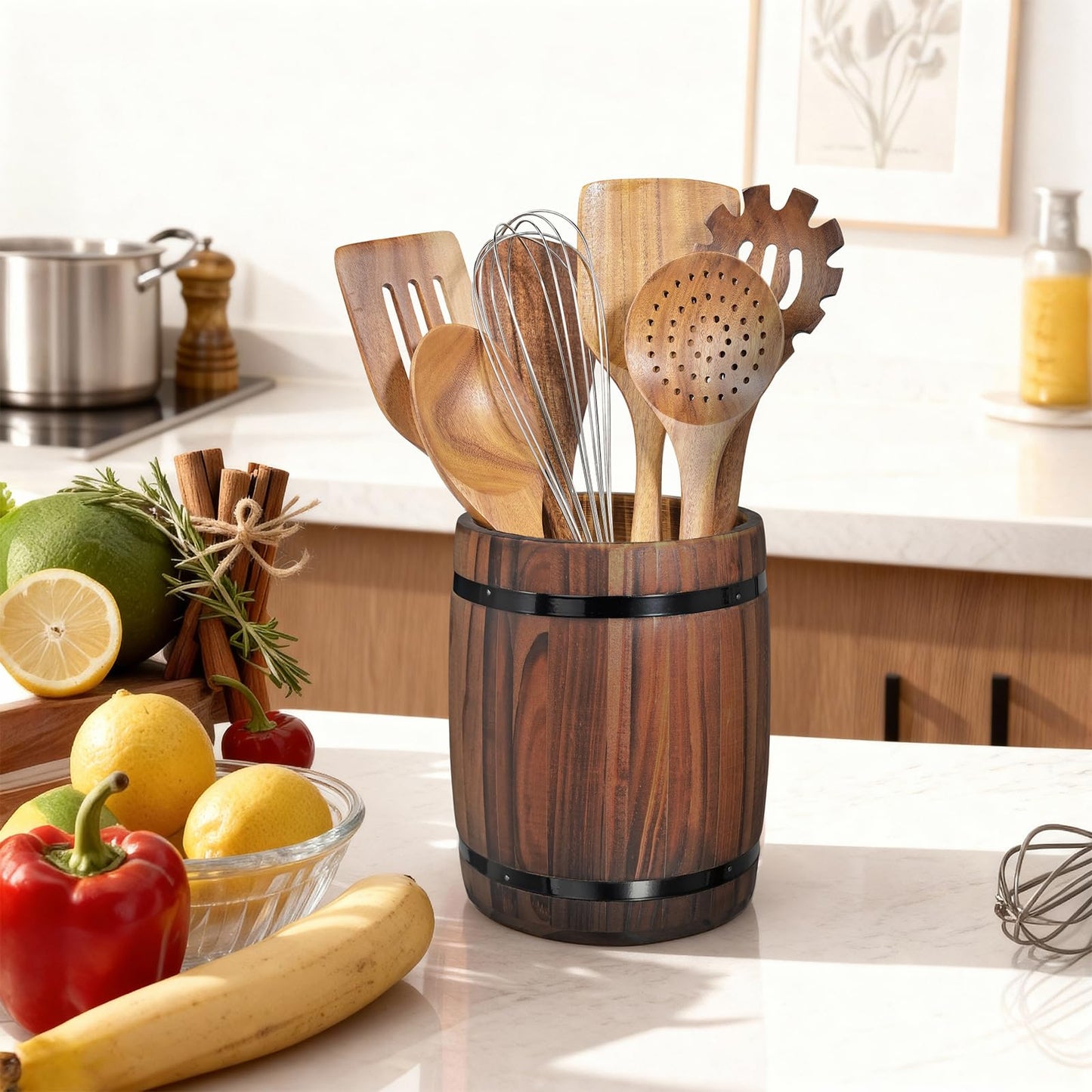 Tomato Garden Wooden Utensil Holder, Brown, Barrel Shape, Holds Spoons and Scoops, Wine Barrel Design, Painted, Smooth Surface, Sturdy Construction