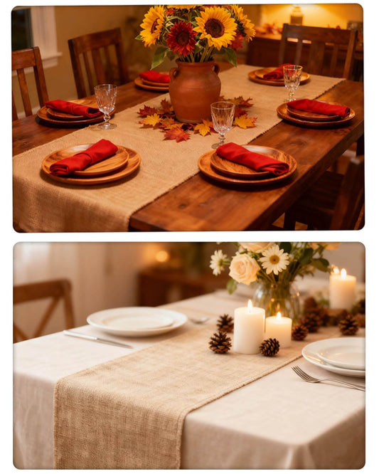 Burlap Table Runner 12×108 Inch – Rustic Jute Fabric Roll with No-Fray Edges – Natural Farmhouse & Wedding Table Décor – Eco-Friendly Hessian Cloth for Parties & DIY Crafts
