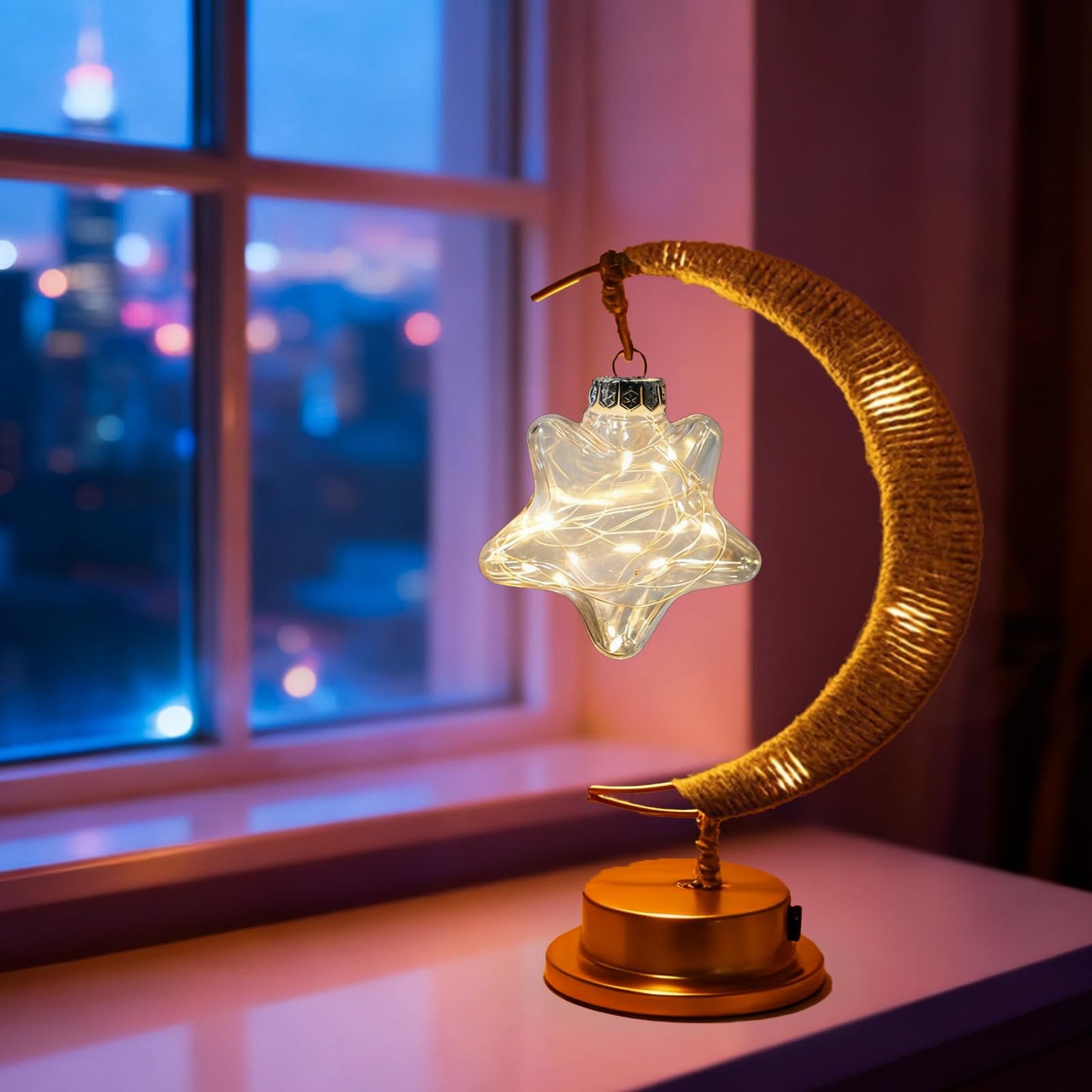 Taoushuleng Crescent Moon Table Light with Hanging Star Ramadan Decorative Atmosphere Lamp Battery Operated Suitable for Home Bedroom Shop Party Decoration (HGmoon-WW-Star)