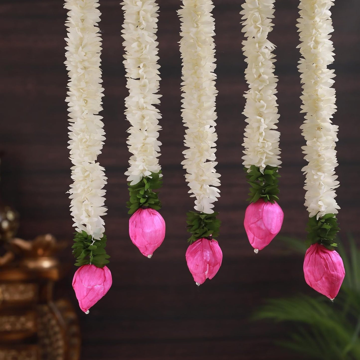 Set of 5 Artificial Jasmine Garland Toran with Lotus Buds, 13 Inch Strings Jasmine Garland Toran with Lotus Buds for Pooja Decoration Wall Hanging for Ganesh Chaturthi, Diwali & Festive Decor