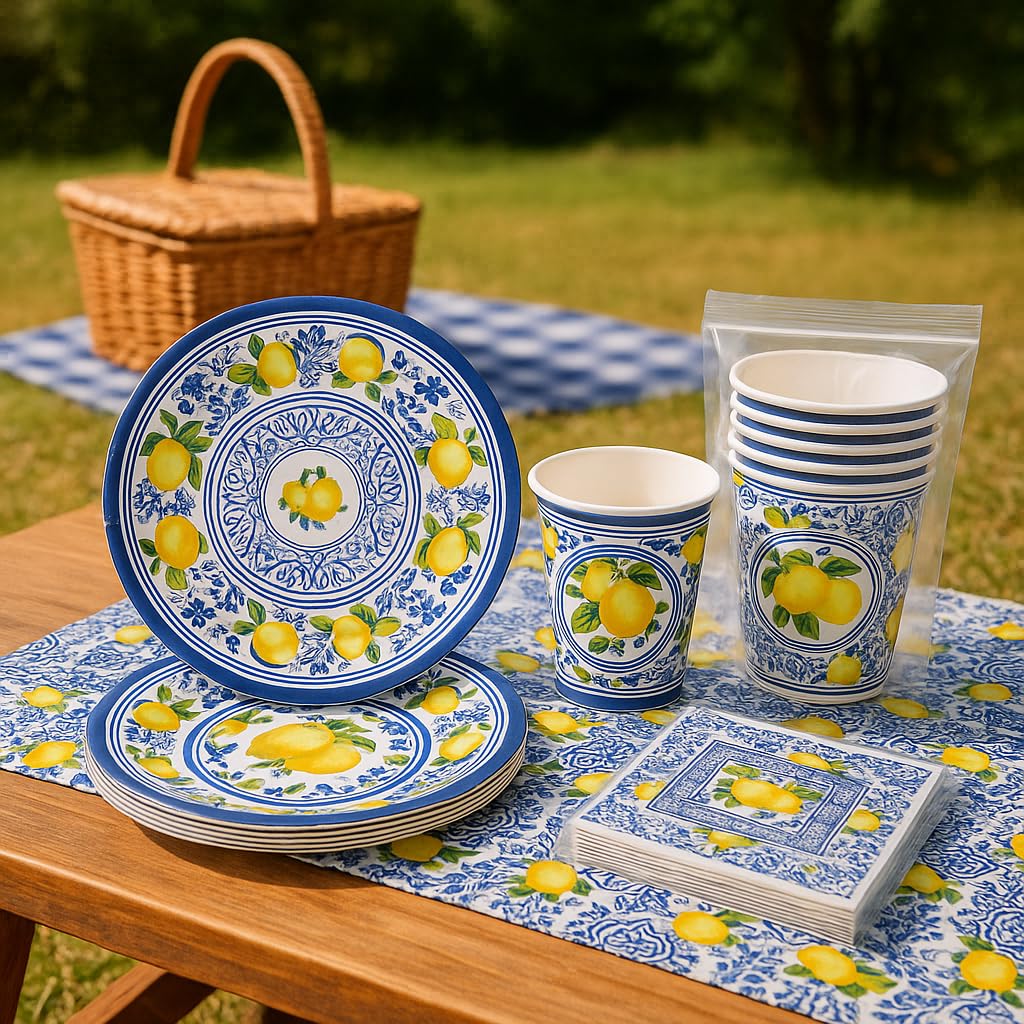 Elegant Disposable Tableware Set | 81 Pcs | Serves 20 Guests l 20 Extra Thick Paper Party Plates + 20 Cups + 20 Napkins + 1 Large Tablecloth | Perfect for Events, Baby Showers, Weddings & Picnics.