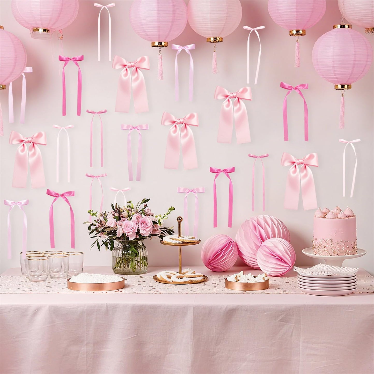 Pink Bow Wall Décor Backdrop Ribbon Bow Garland DIY Pink Bows Party Decorations for Baby Shower Women Girls Coquette Birthday Christmas Room Bedroom Decoration 50Pcs