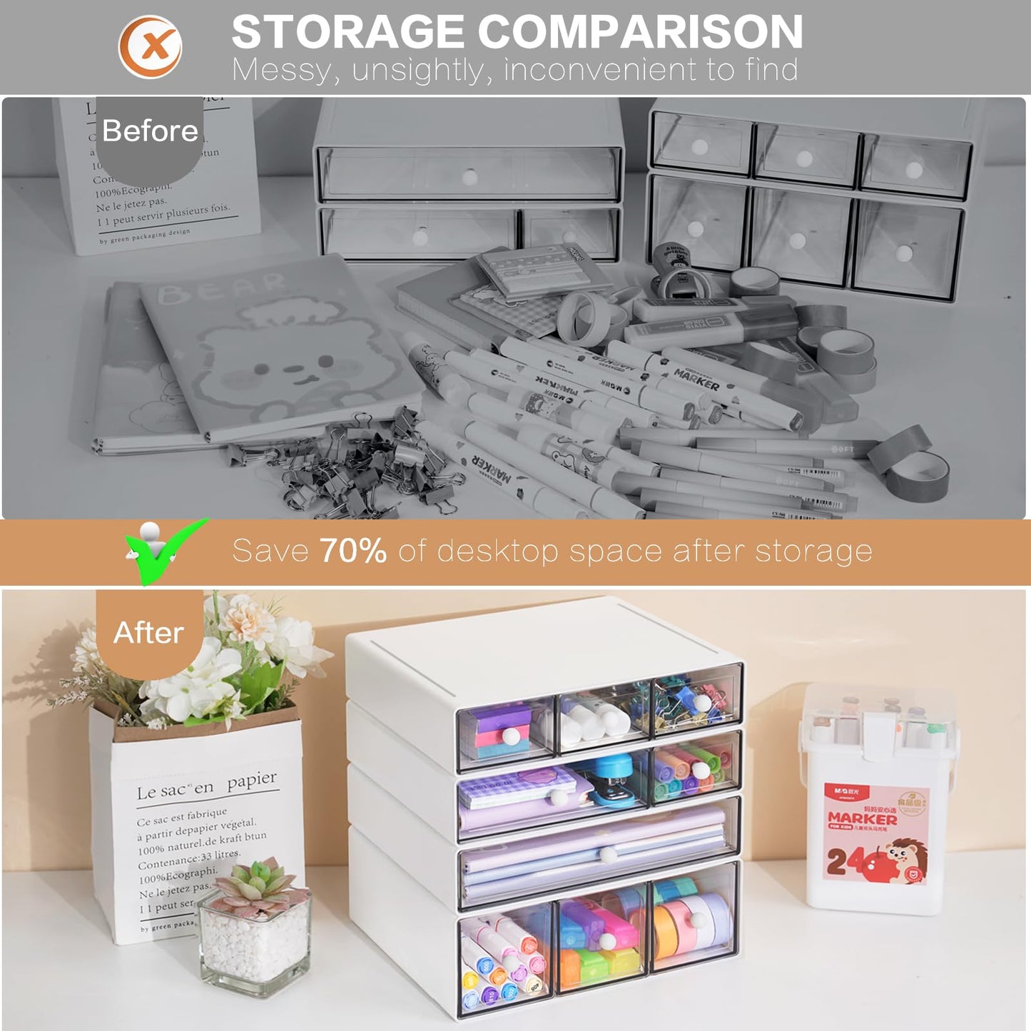 FODIENS Desk Storage Organizer with 9 Drawers, 4 Tiers Stackable Desktop Craft Storage Drawers, Clear Storage Box Caddy for Stationary Makeup Jewelry Office Craft Supplies (White)