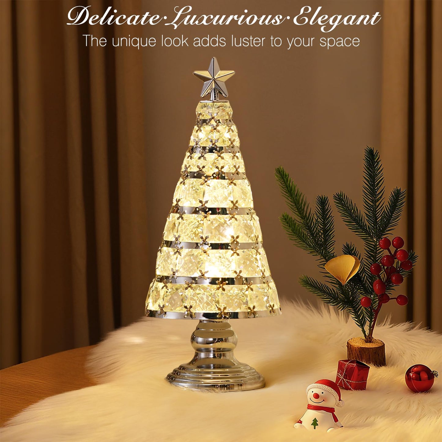 Lewondr Christmas Tree Lamp, 14 Inch Battery Powered Crystal Treetop Lighted Christmas Tree Decorative Light LED Lamp, Handmade Glass Tabletop Christmas Ornament for Home Party Gift, Silver