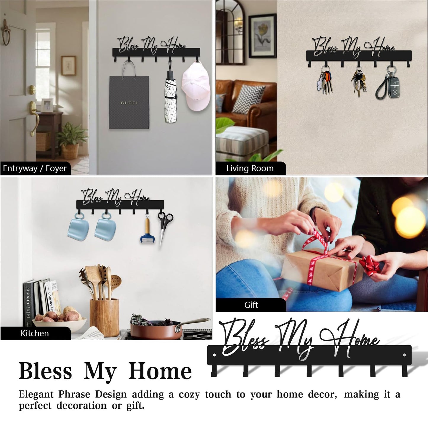 ShowMtheM Exquisite Fashion Phrase Key Holder Wall Mount,Bless My Home Key Hooks for Wall Decoration,Black Metal Key Hanger with 7 Hooks for Entryway,Office,Living Room Decor