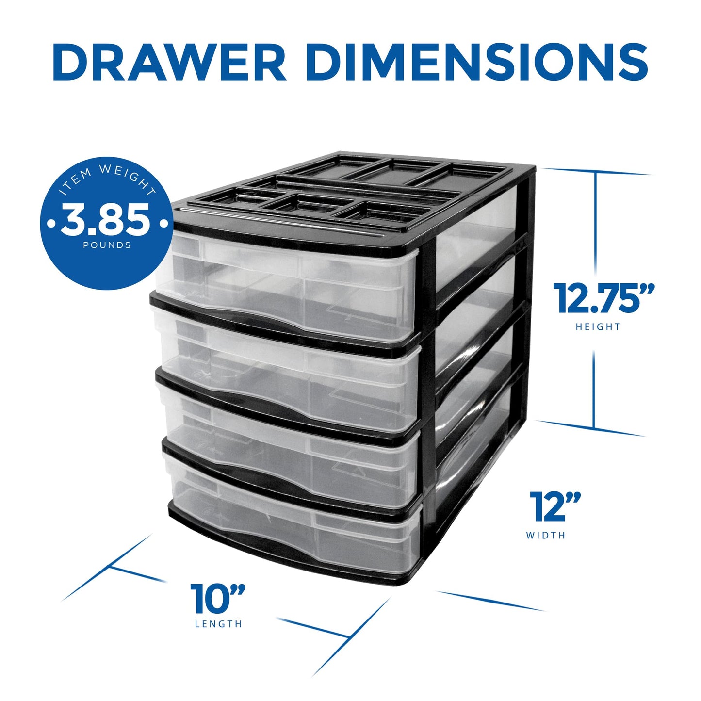 Gracious Living 4-Drawer Desktop and Countertop Storage Organizer Drawer Set, Plastic Office Desk Organizer, Black/Clear