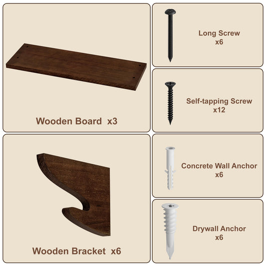 Alsonerbay Wood Floating Shelves for Wall 3 Pack, 17 inch Rustic Wall Shelves with Hook, Decorative Hanging Shelves for Bedroom Living Room Nursery Office and More Light Walnut