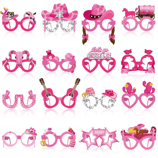 Herdear 32 Pcs Pink Cowgirl Paper Glasses Western Cowgirl Photo Booth Props Let's Go Disco Bachelorette Party Decorations Girls Eyeglasses for Wild West Cowboy Girls Birthday Party Favor Supplies