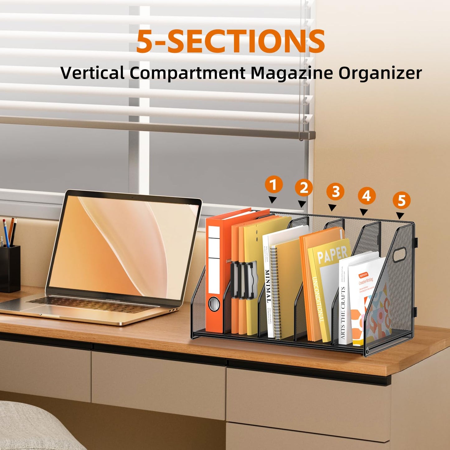 SUPEASY Binder Organizer, Magazine File Holder with 5 Vertical Compartments Rack, Metal Desk File Organizer & Binder Holders, Magazine Organizers for Office Desktop, Home, School, Classroom (Black)