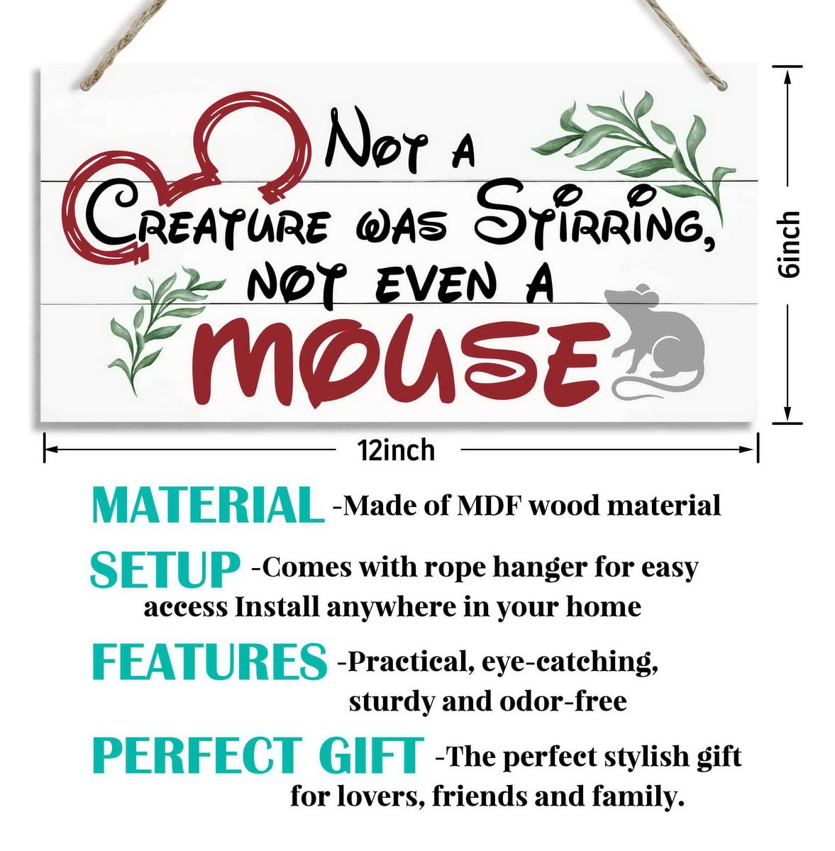 Christmas Door Sign Decor, Not a Creature was Stirring, not Even a Mouse, Winter Seasonal Christmas Wall Art Hanging Wooden Sign Merry Xmas Holiday Decorations for Home Outside Indoor