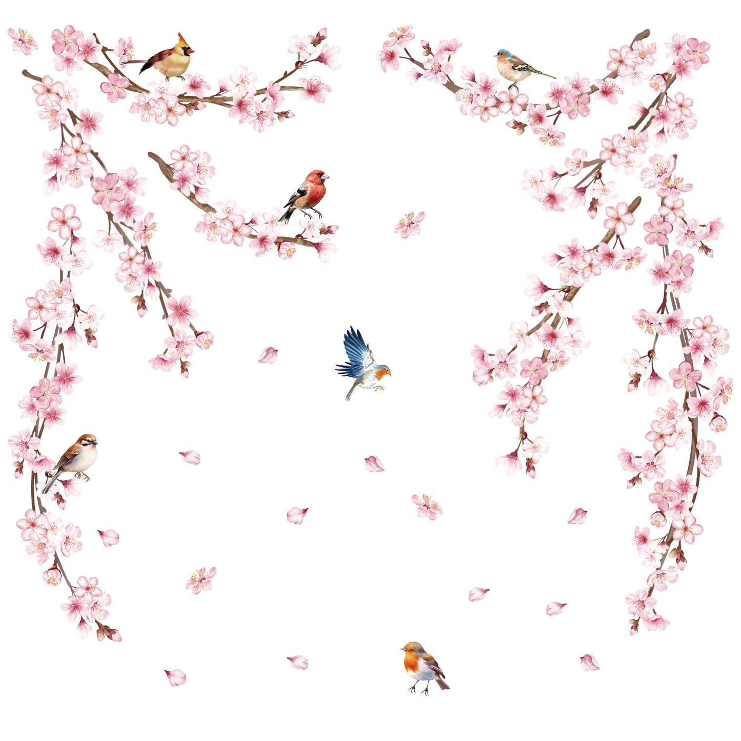 Cherry Blossom Wall Decals, Pink Vine Flowers, Hanging Floral Tree Branch and Birds Peel & Stick Wall Stickers for Bedroom, Living Room, Nursery, Sofa, Office Decor