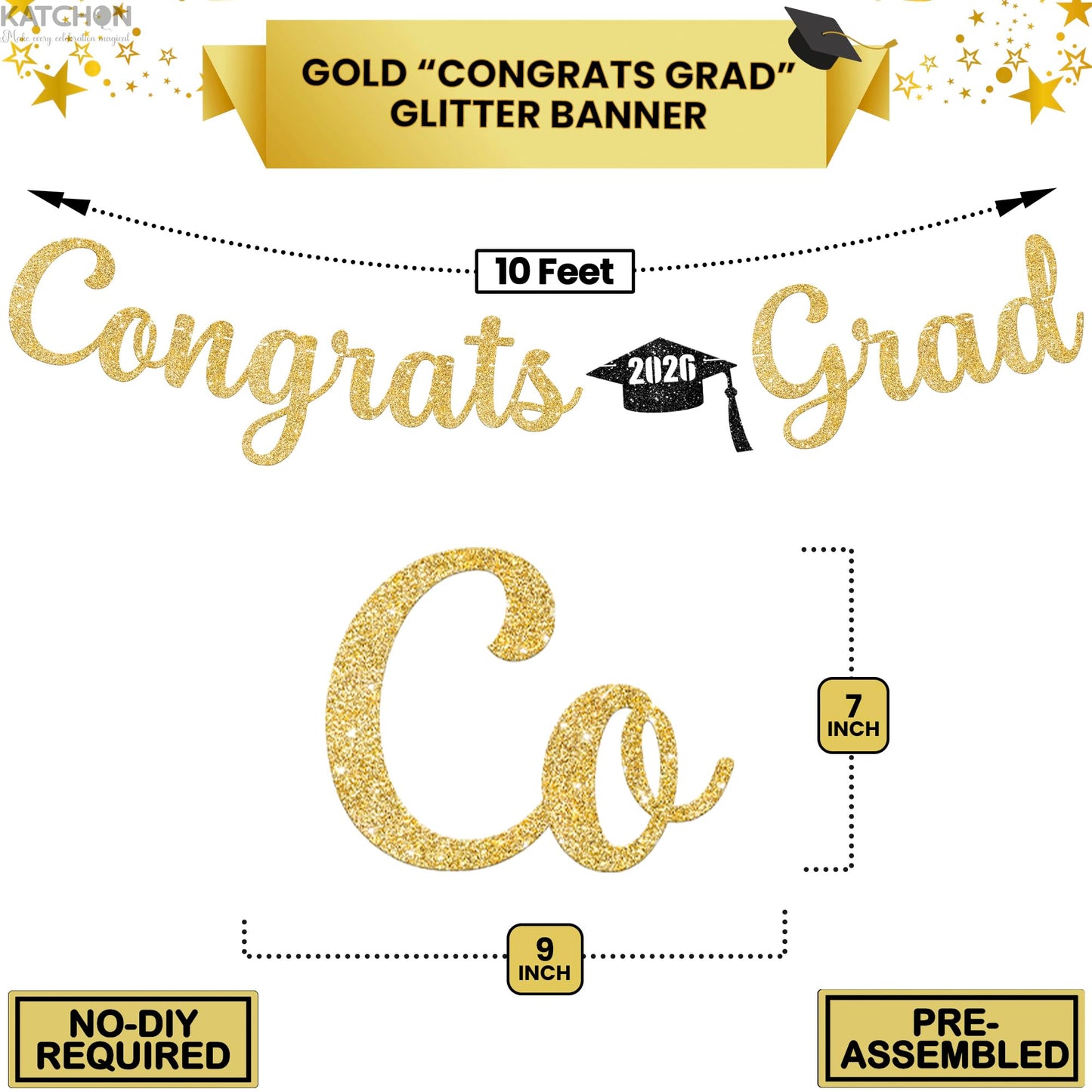 KatchOn, Glitter Gold Congrats Graduation Banner Class of 2026 - No DIY, 10 Feet | Pre - Strung Gold 2026 Graduation Decorations | Congratulations Banner for Grad Party Decor