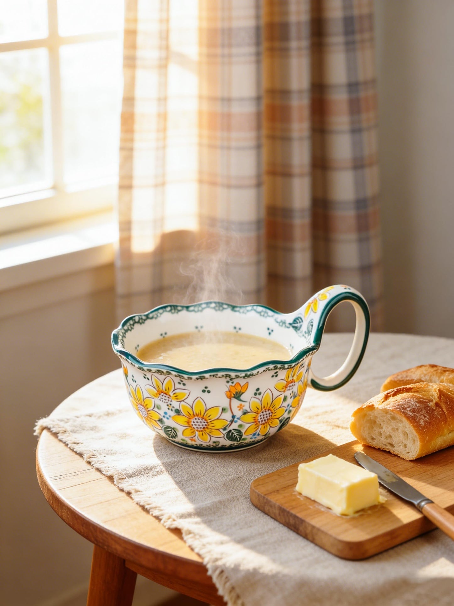 silesia Handmade Ceramic Soup Bowl, 30 oz Hand Painted Bowl with Loop Handle, Floral Design Cereal Bowl for Soup, Ice cream, Snack, Microwave & Dishwasher Safe (Sunflower)