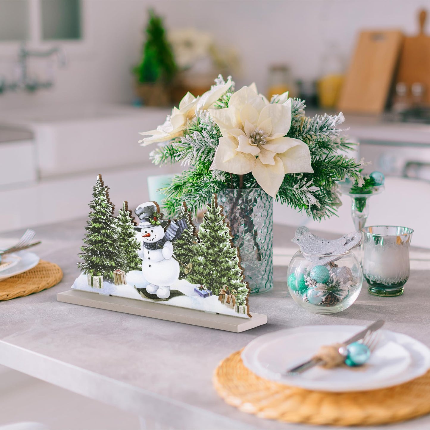 Huwena 5 Pcs Christmas Table Decorations Wooden Christmas Table Centerpieces Joy Sign Snowman Reindeer Gloves Signs for Winter Holiday Snow Xmas Dinner Coffee Tier Tray Decor(Reindeer,White)
