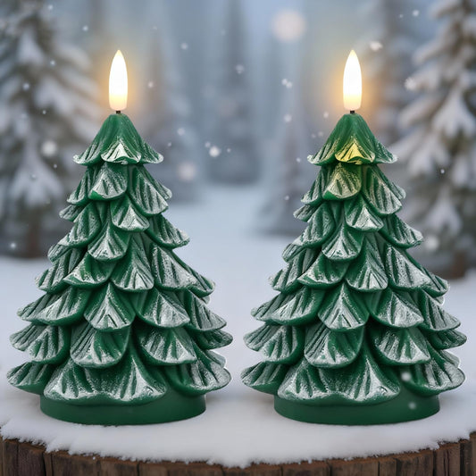 KunSwenn Christmas Tree Candles, 2 Pack Real Wax Christmas Tree Shaped Flameless Candles Battery Operated with 6H Timer, Green LED Flameless Candlesticks Imitate Snow Design for Christmas Winter Decor